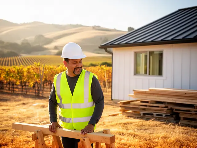 A builder in a hard hat and safety vest on a home construction site.