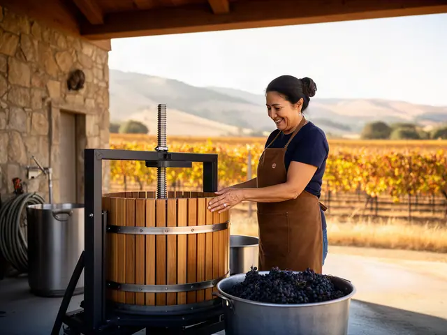 A woman with dark hair in a low bun beside new equipment in a small family winery.