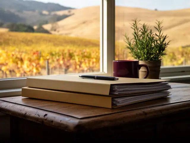 A neat stack of closed manila folders and a pen on a desk by a window.