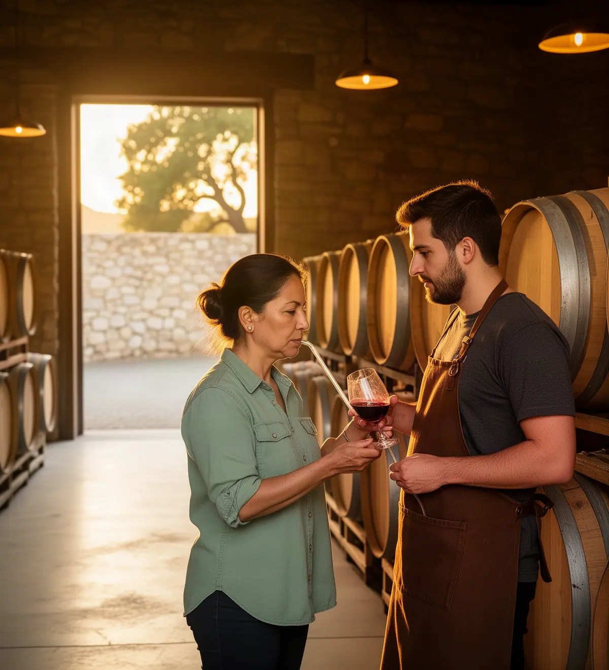 A winery owner and a cellar hand tasting young red wine drawn from an oak barrel in a stone barrel room.