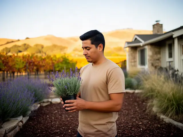 A landscaper holding a potted plant in a new front-yard bed.