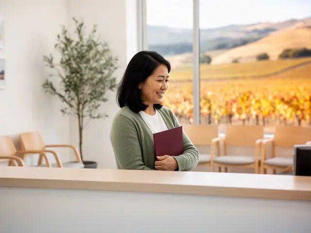 A clinic office manager holding a folder behind a reception counter.