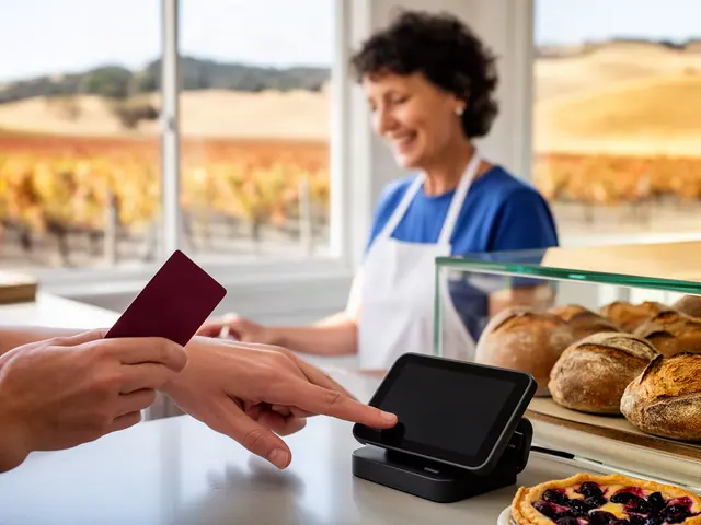 A customer taps a card on a counter terminal at a small wine-country bakery.