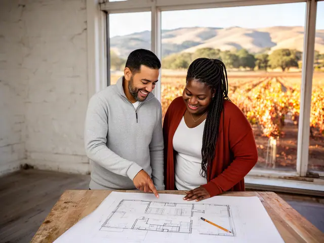 Two business partners looking over a pencil floor sketch in an empty storefront.