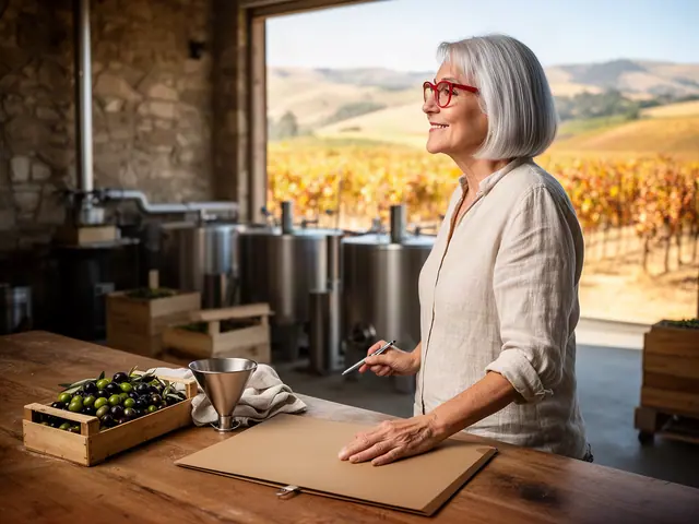A woman with a silver bob and red-framed glasses at a work table with a closed folder in a small olive-oil pressing room.